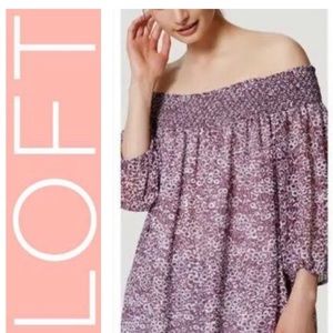 LOFT Purple Floral Print Smocked Off Shoulder Size L
